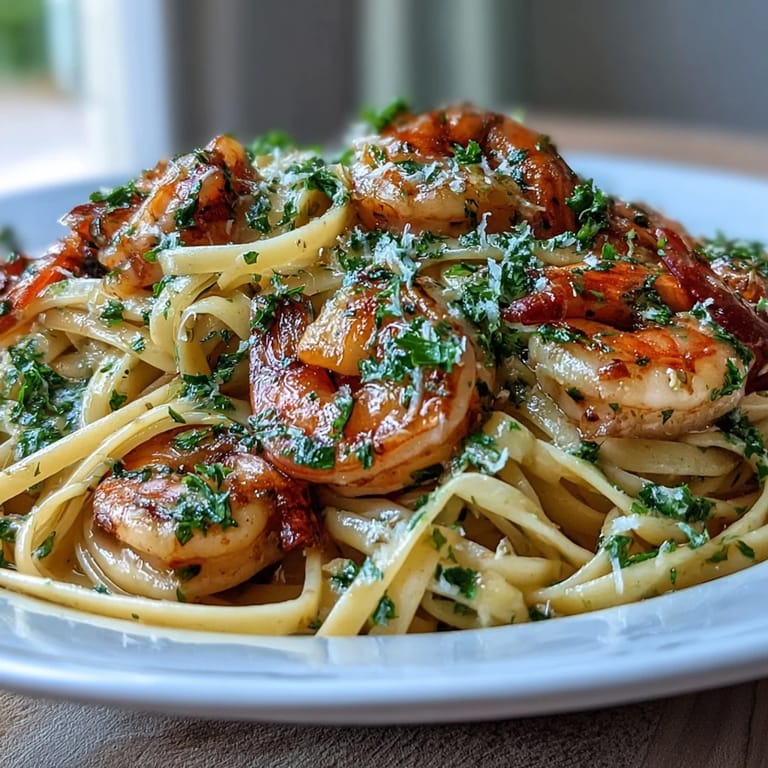 Elegant Shrimp Scampi Linguine ready to serve with lemon, a delicious dish.