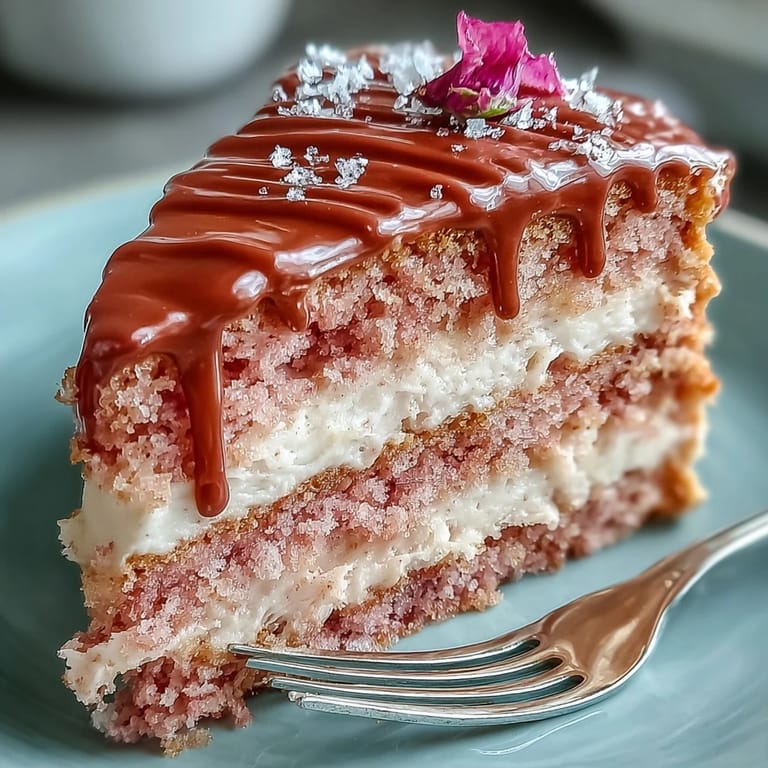 Show-stopping blush Rosé Velvet Cake, featuring glossy gold metallic detail.