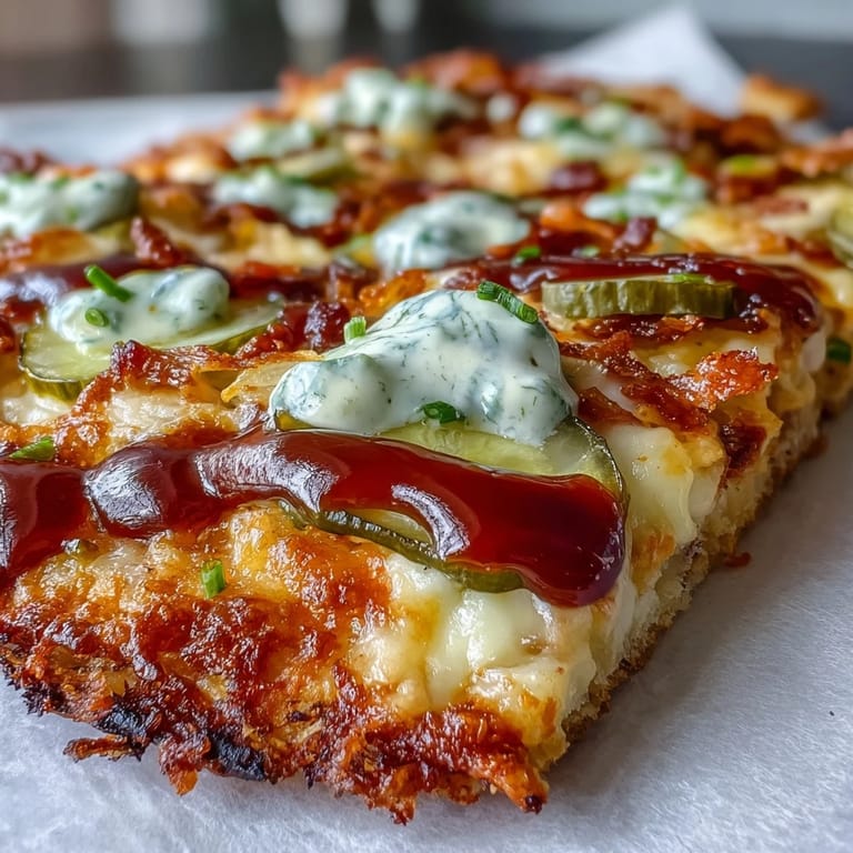 Savor a slice of Pickle Pizza Flatbread, finished with a fresh garlic ranch sauce.