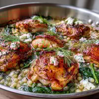 Golden brown chicken thighs rest atop a creamy, lemony pearl couscous bake, garnished with fresh dill and crumbled feta.