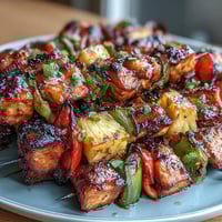 Grilled chicken pineapple kabobs with bell peppers feature juicy marinated chicken, sweet pineapple, and colorful veggies on skewers.