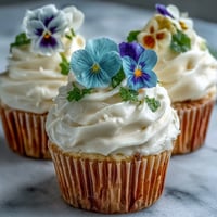 Delicate vanilla cupcakes topped with creamy buttercream and edible spring flowers for a beautiful and tasty dessert.