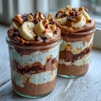 Creamy chocolate chia pudding layered with ripe banana slices and a drizzle of natural peanut butter in a glass jar.  