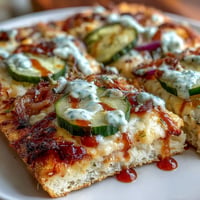 A photo of Pickle Pizza Flatbread with a creamy garlic ranch drizzle.